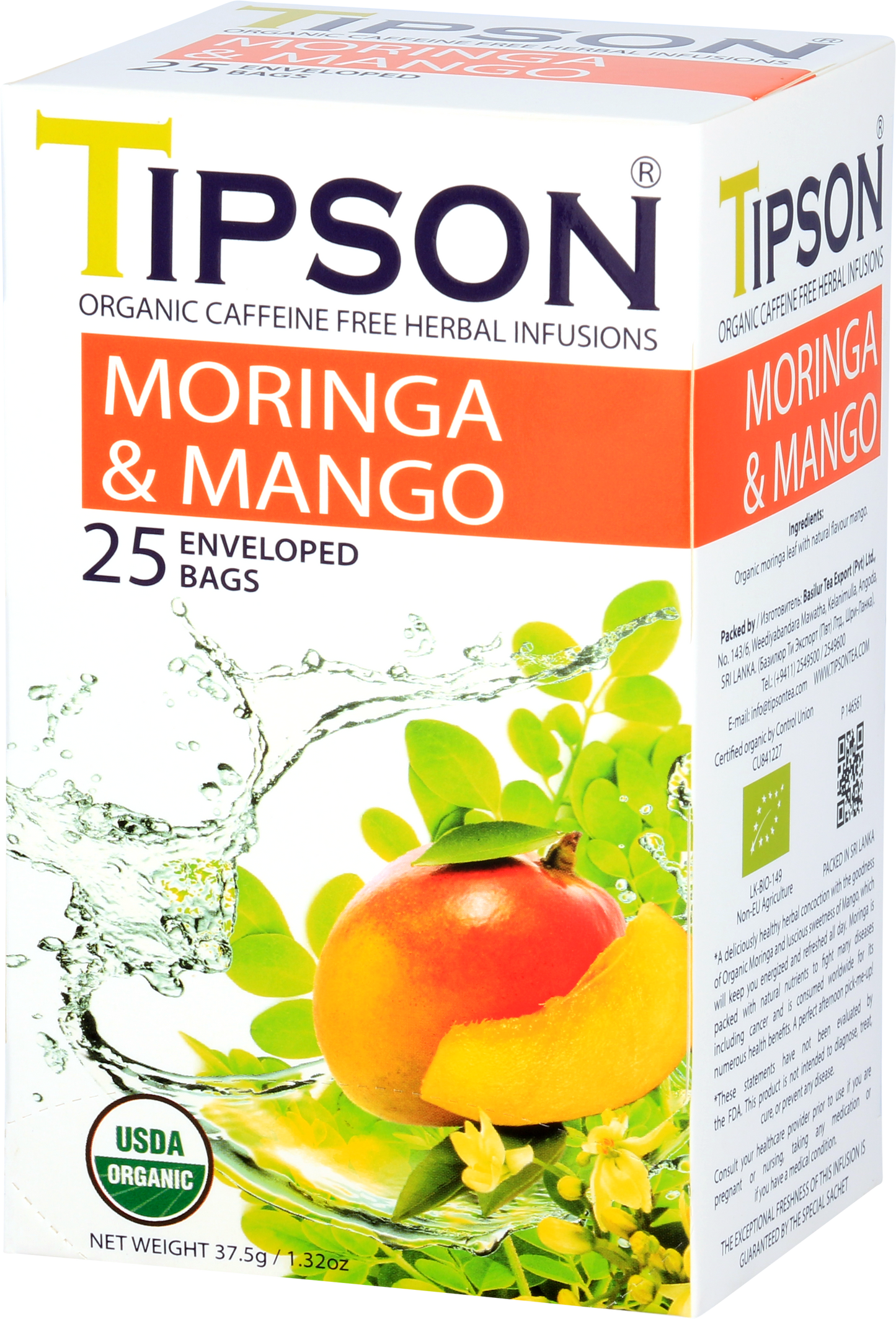 Boczny widok pudełka herbaty Tipson Moringa & Mango z opisem produktu i certyfikatem ekologicznym.