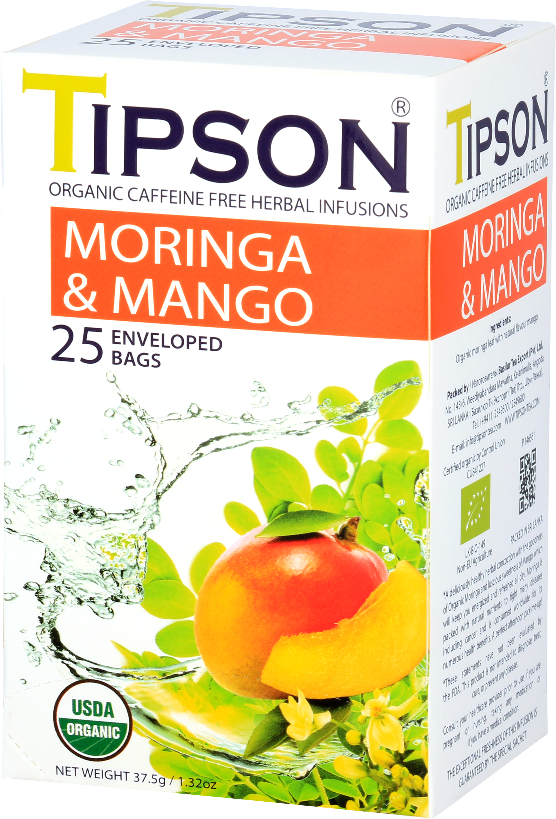 Boczny widok pudełka herbaty Tipson Moringa & Mango z opisem produktu i certyfikatem ekologicznym.