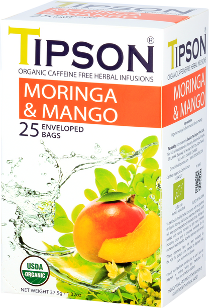 Boczny widok pudełka herbaty Tipson Moringa & Mango z opisem produktu i certyfikatem ekologicznym.