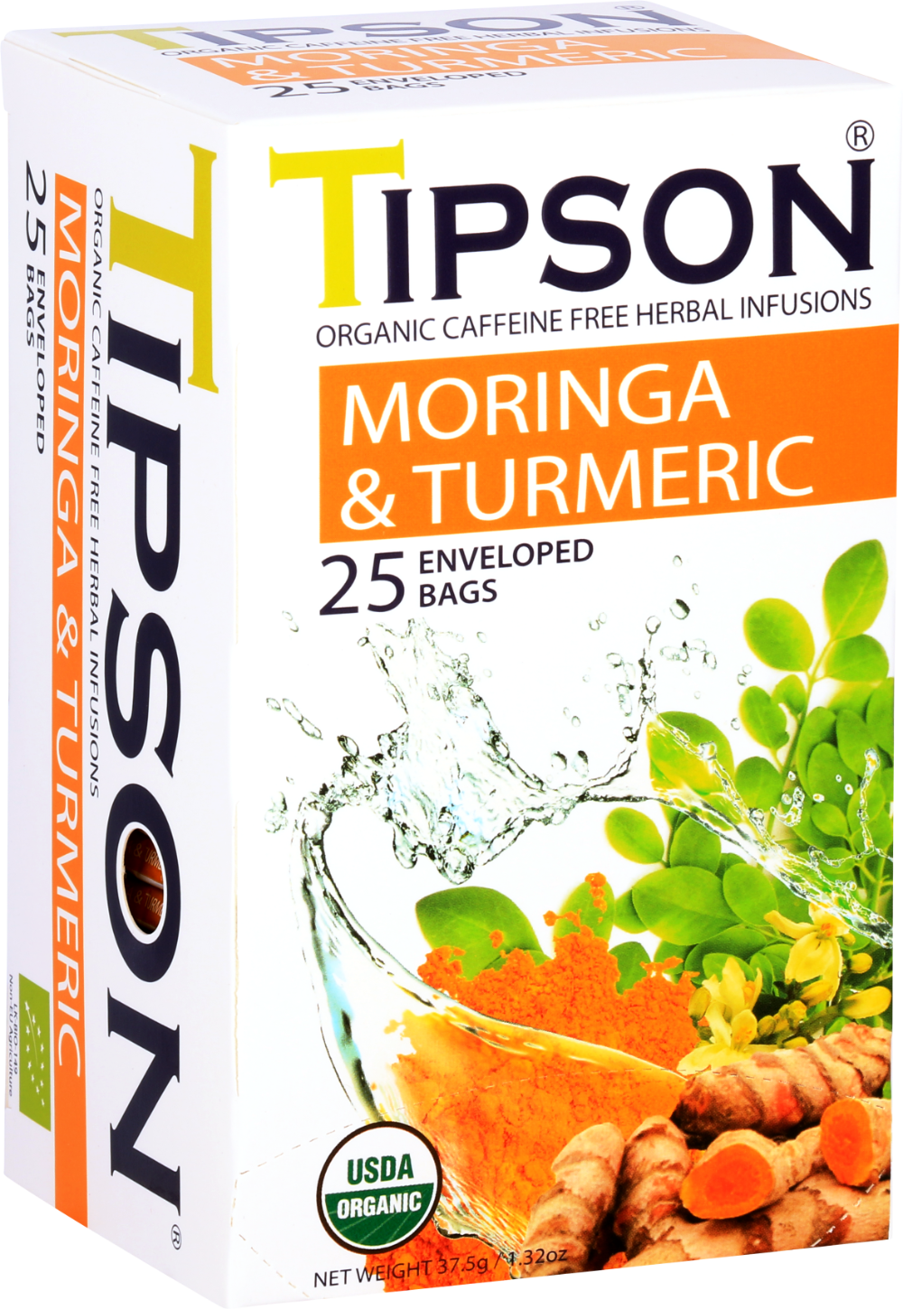 Zbliżenie na opakowanie herbaty Tipson Moringa & Turmeric w pomarańczowo-białej kolorystyce.