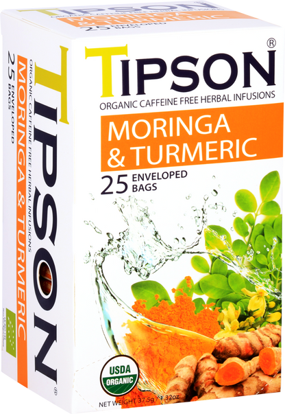 Zbliżenie na opakowanie herbaty Tipson Moringa & Turmeric w pomarańczowo-białej kolorystyce.