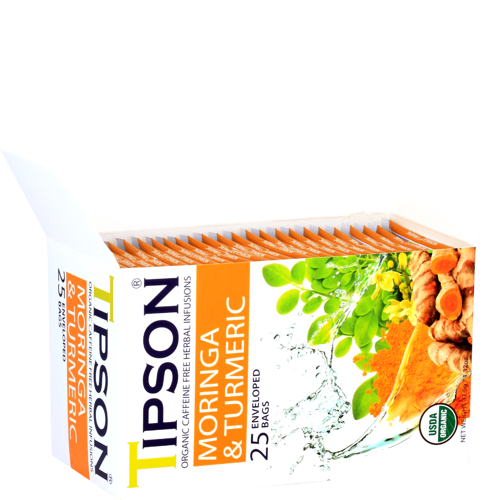 Otwarte pudełko herbaty Tipson Moringa & Turmeric z widocznymi saszetkami.