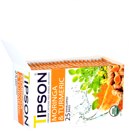 Otwarte pudełko herbaty Tipson Moringa & Turmeric z widocznymi saszetkami.