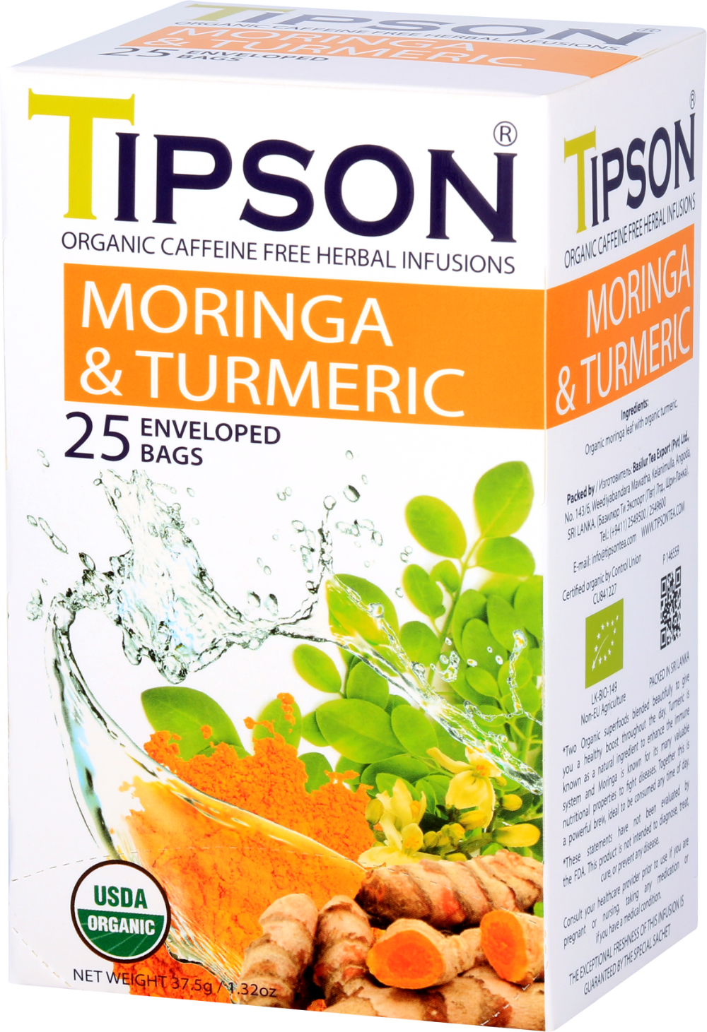 Boczny widok pudełka herbaty Tipson Moringa & Turmeric z certyfikatem USDA Organic.
