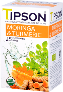 Boczny widok pudełka herbaty Tipson Moringa & Turmeric z certyfikatem USDA Organic.