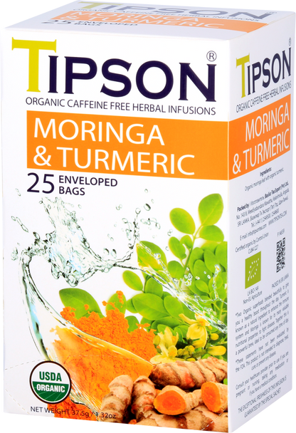 Boczny widok pudełka herbaty Tipson Moringa & Turmeric z certyfikatem USDA Organic.