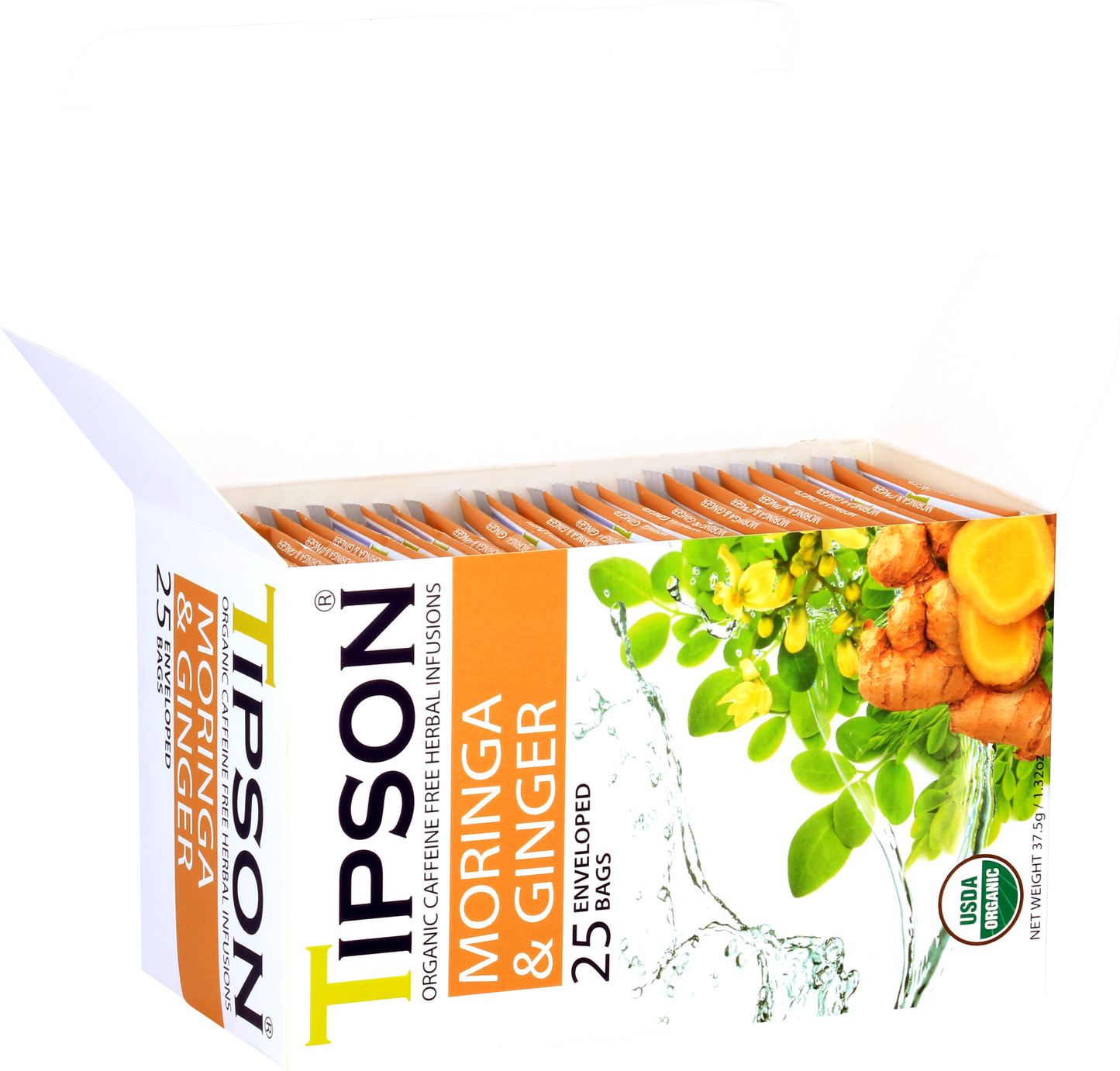 Otwarte pudełko herbaty Tipson Moringa & Ginger z widocznymi saszetkami.