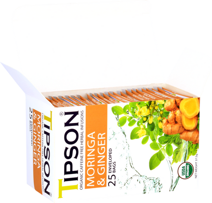 Otwarte pudełko herbaty Tipson Moringa & Ginger z widocznymi saszetkami.