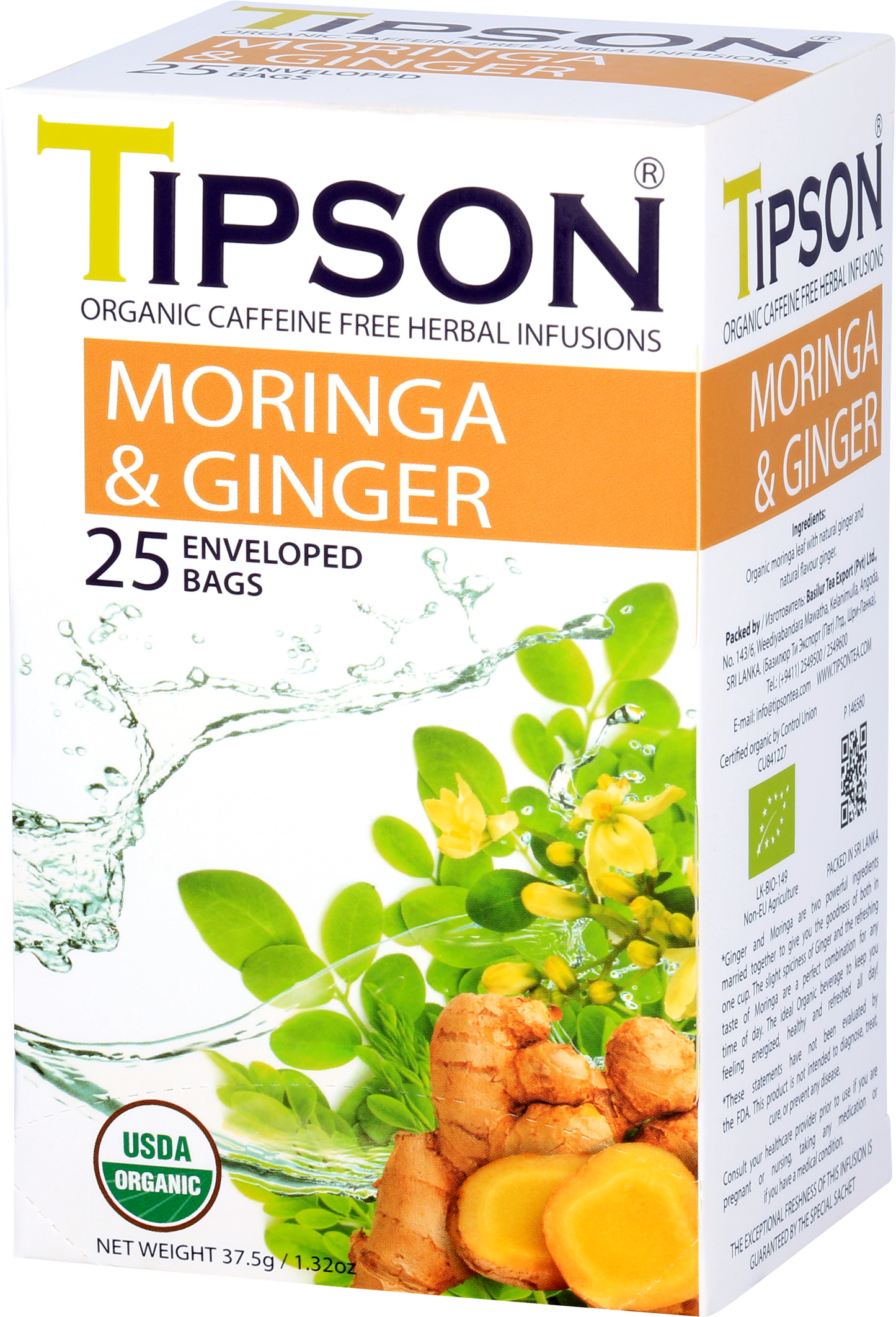 Boczny widok pudełka herbaty Tipson Moringa & Ginger z certyfikatem USDA Organic.