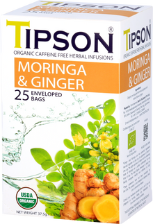 Boczny widok pudełka herbaty Tipson Moringa & Ginger z certyfikatem USDA Organic.