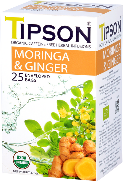 Boczny widok pudełka herbaty Tipson Moringa & Ginger z certyfikatem USDA Organic.