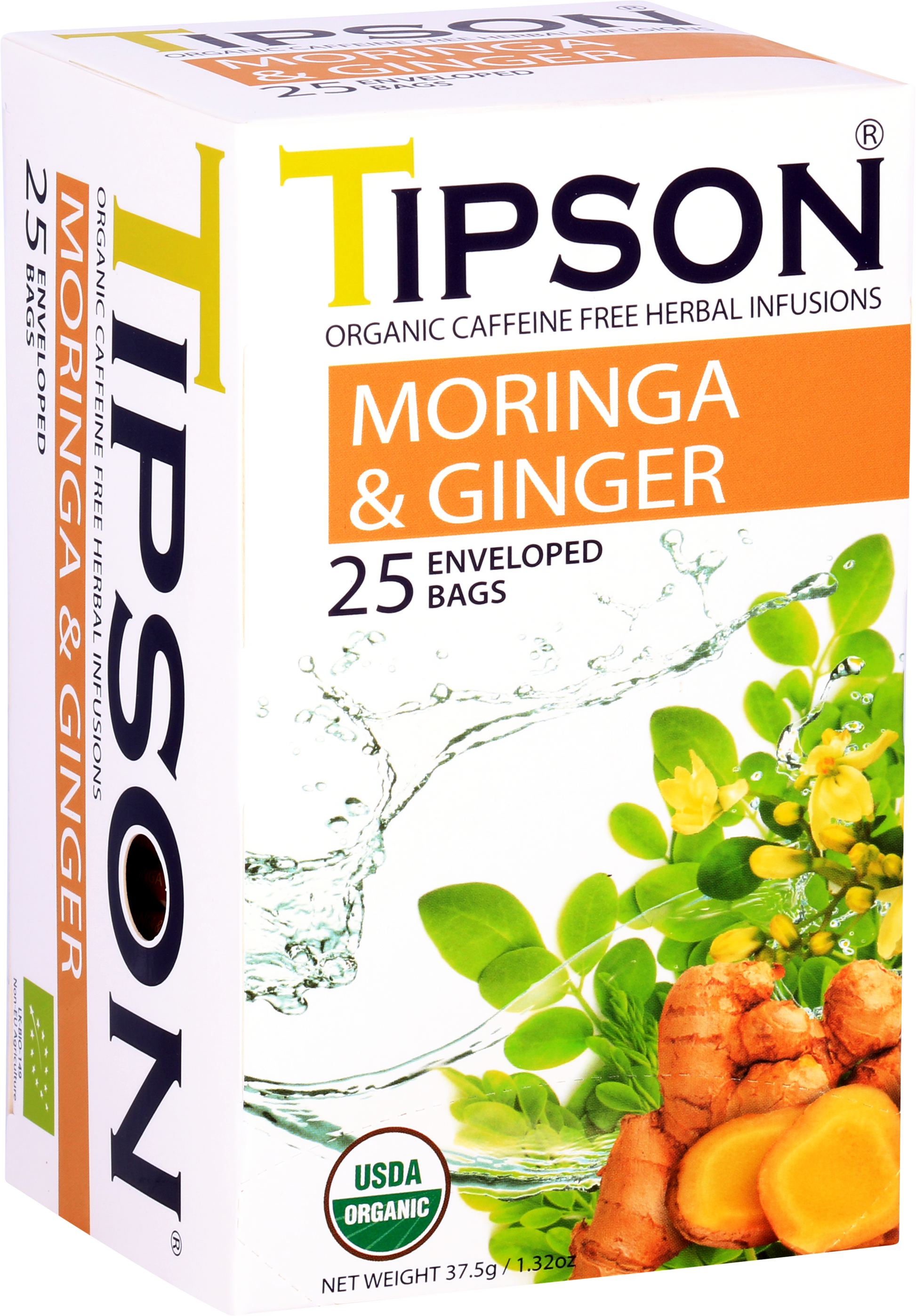 Zbliżenie opakowania herbaty Tipson Moringa & Ginger z napisem Organic Caffeine Free Herbal Infusions.