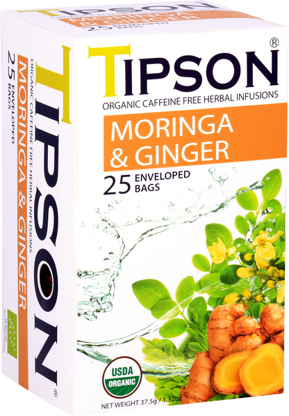Zbliżenie opakowania herbaty Tipson Moringa & Ginger z napisem Organic Caffeine Free Herbal Infusions.