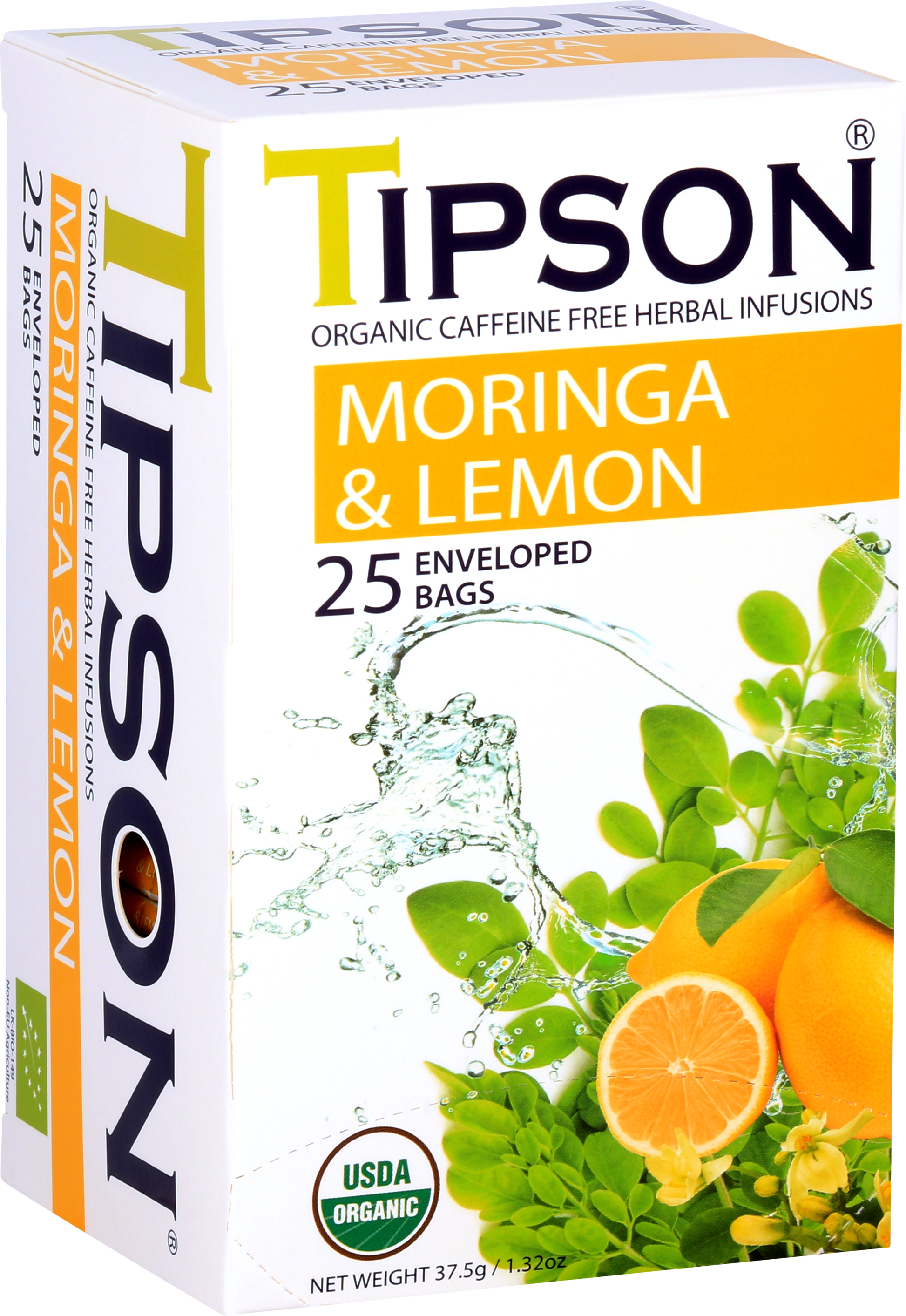 Przód pudełka herbaty Tipson Moringa & Lemon z certyfikatem USDA Organic.
