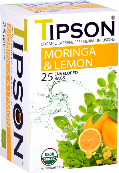 Przód pudełka herbaty Tipson Moringa & Lemon z certyfikatem USDA Organic.