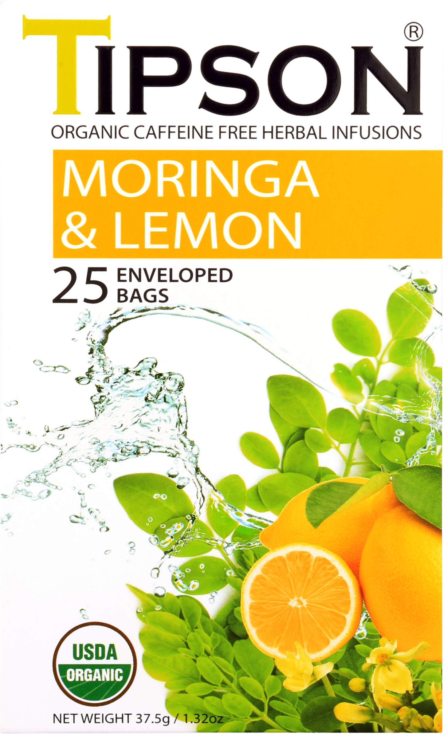 Front opakowania herbaty Tipson Moringa & Lemon z liśćmi moringi i cytryną.