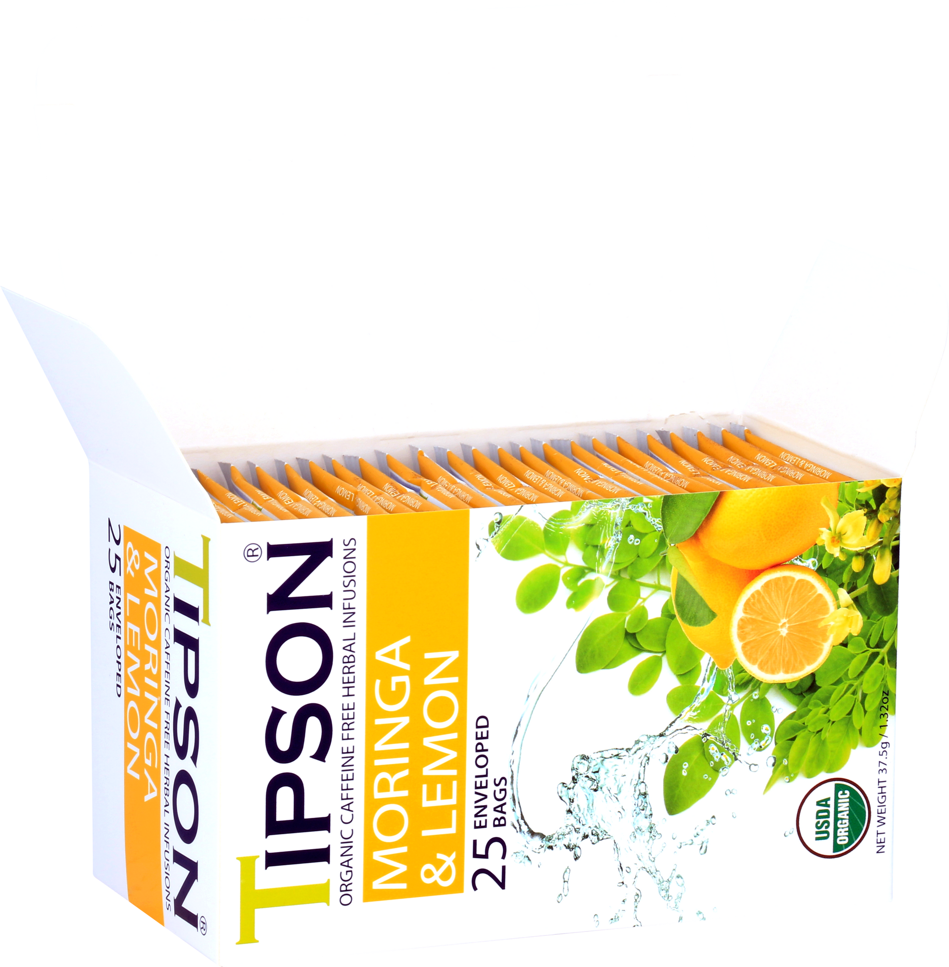 Otwarte pudełko herbaty Tipson Moringa & Lemon z widocznymi saszetkami.