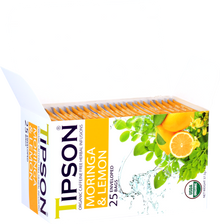 Otwarte pudełko herbaty Tipson Moringa & Lemon z widocznymi saszetkami.