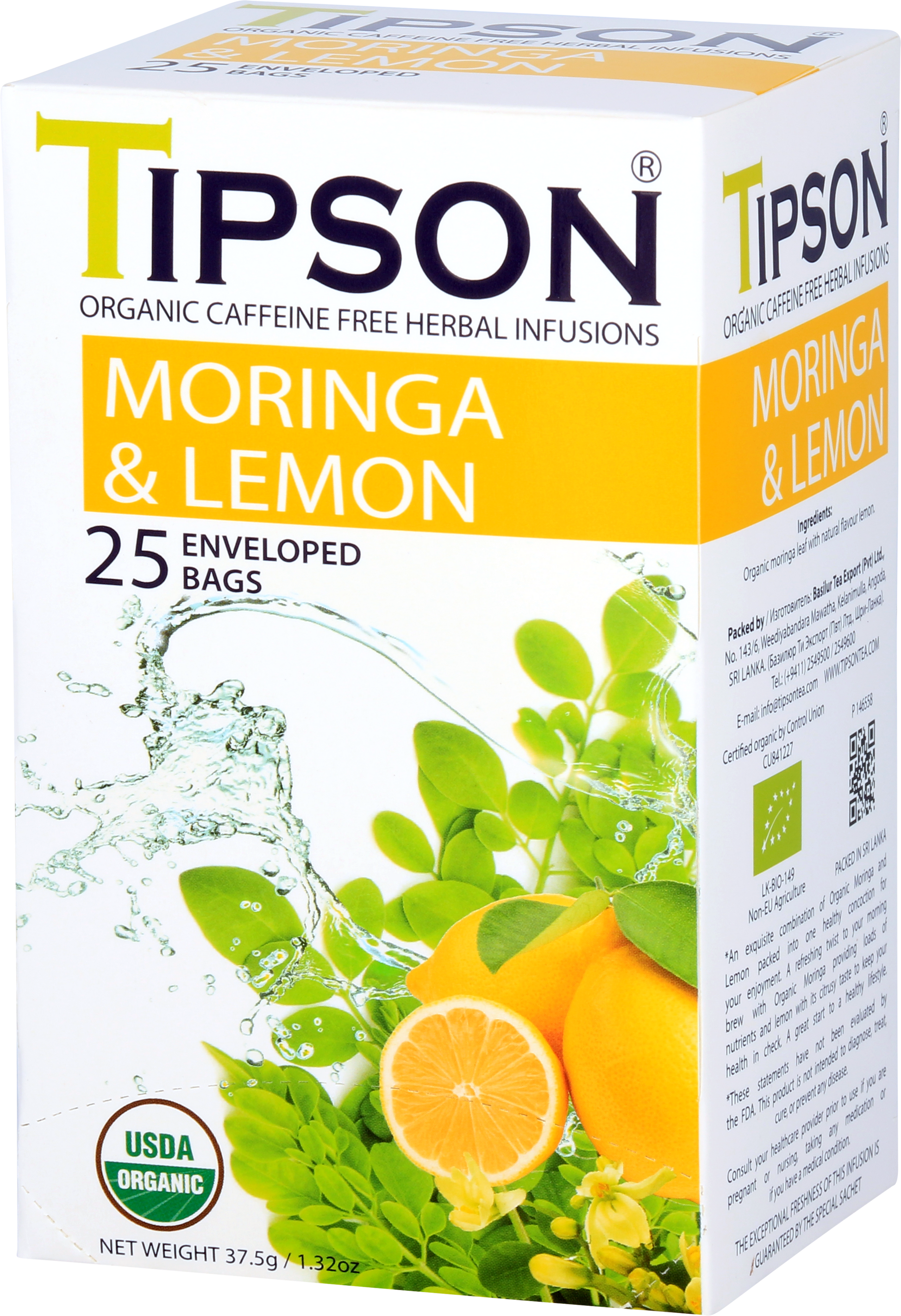 Boczny widok pudełka herbaty Tipson Moringa & Lemon z opisem produktu i grafiką cytryn.