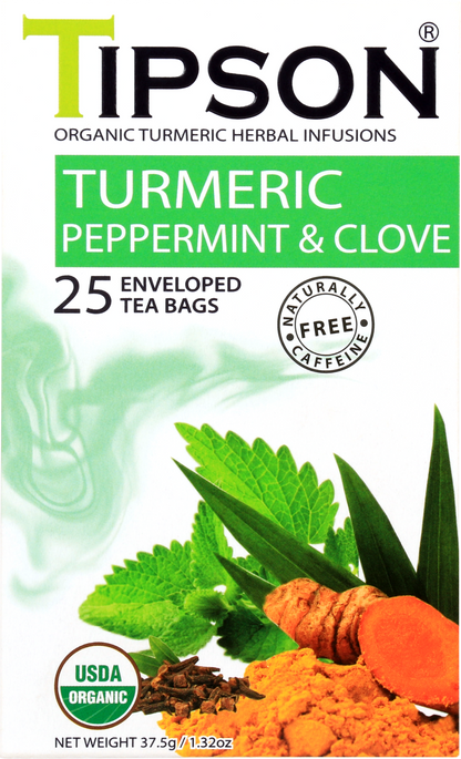 Herbata Tipson Turmeric Peppermint & Clove – kurkuma z miętą i goździkami.