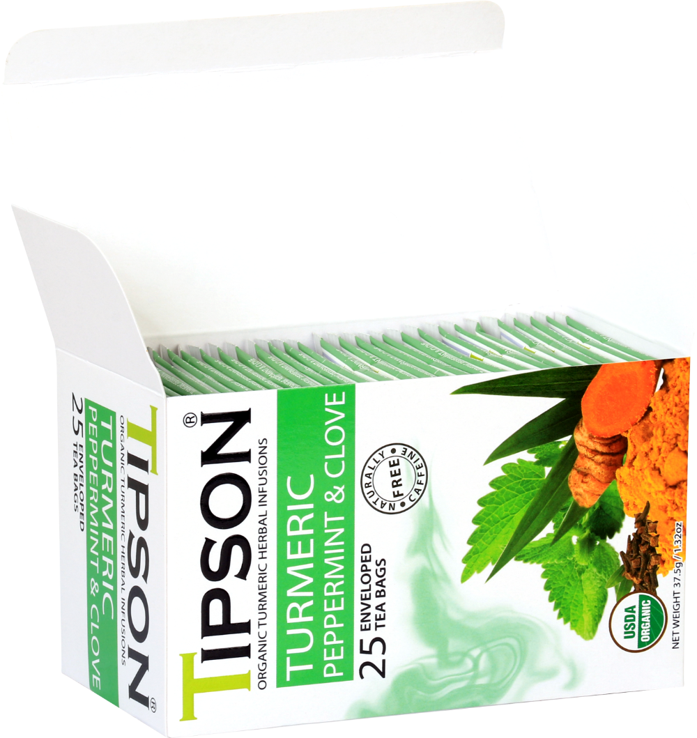 Otwarte pudełko z saszetkami herbaty Tipson Turmeric Peppermint & Clove.