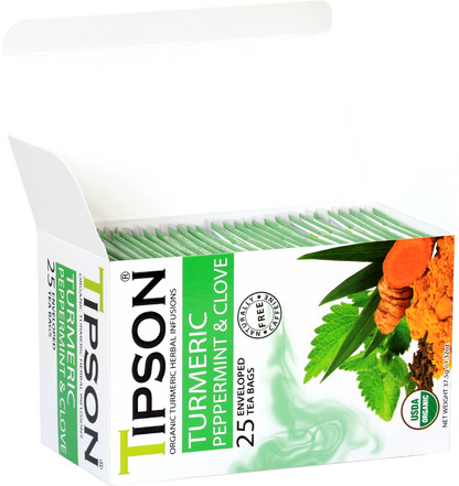 Otwarte pudełko z saszetkami herbaty Tipson Turmeric Peppermint & Clove.