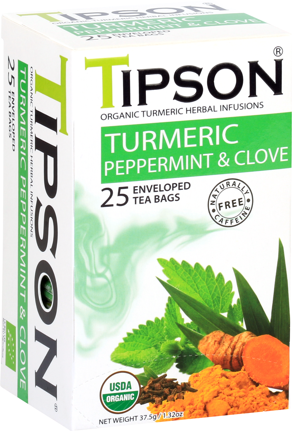 Opakowanie herbaty Tipson Turmeric Peppermint & Clove – naturalna mieszanka ziołowa.