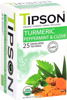 Opakowanie herbaty Tipson Turmeric Peppermint & Clove – naturalna mieszanka ziołowa.