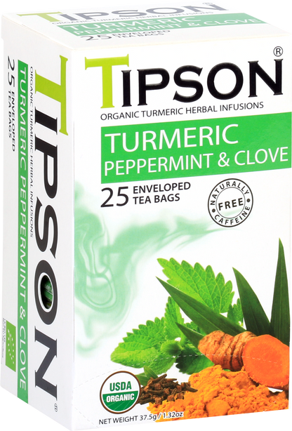 Opakowanie herbaty Tipson Turmeric Peppermint & Clove – naturalna mieszanka ziołowa.
