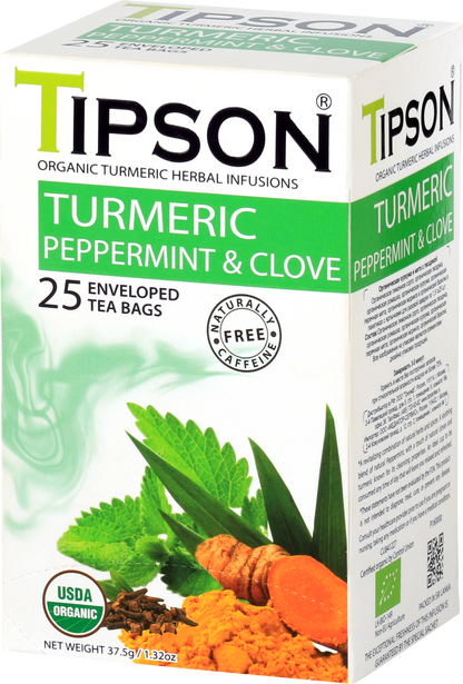 Bok opakowania herbaty Tipson Turmeric Peppermint & Clove z certyfikatem organicznym.