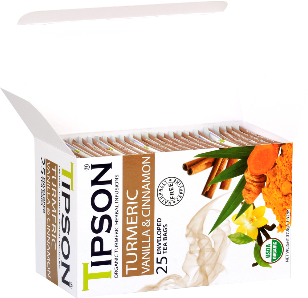 Otwarta herbata Tipson Turmeric Vanilla & Cinnamon z widocznymi saszetkami herbaty.