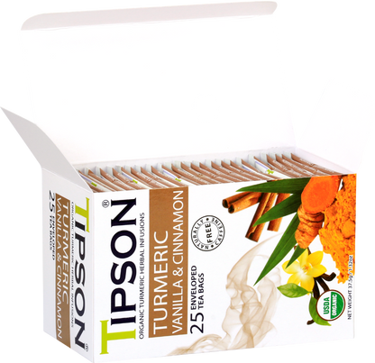 Otwarta herbata Tipson Turmeric Vanilla & Cinnamon z widocznymi saszetkami herbaty.