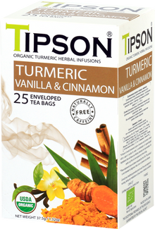 Boczny widok pudełka Tipson Turmeric Vanilla & Cinnamon z certyfikatem USDA Organic.
