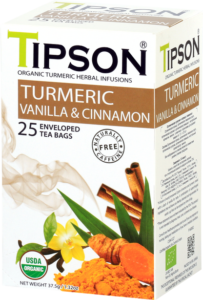 Boczny widok pudełka Tipson Turmeric Vanilla & Cinnamon z certyfikatem USDA Organic.