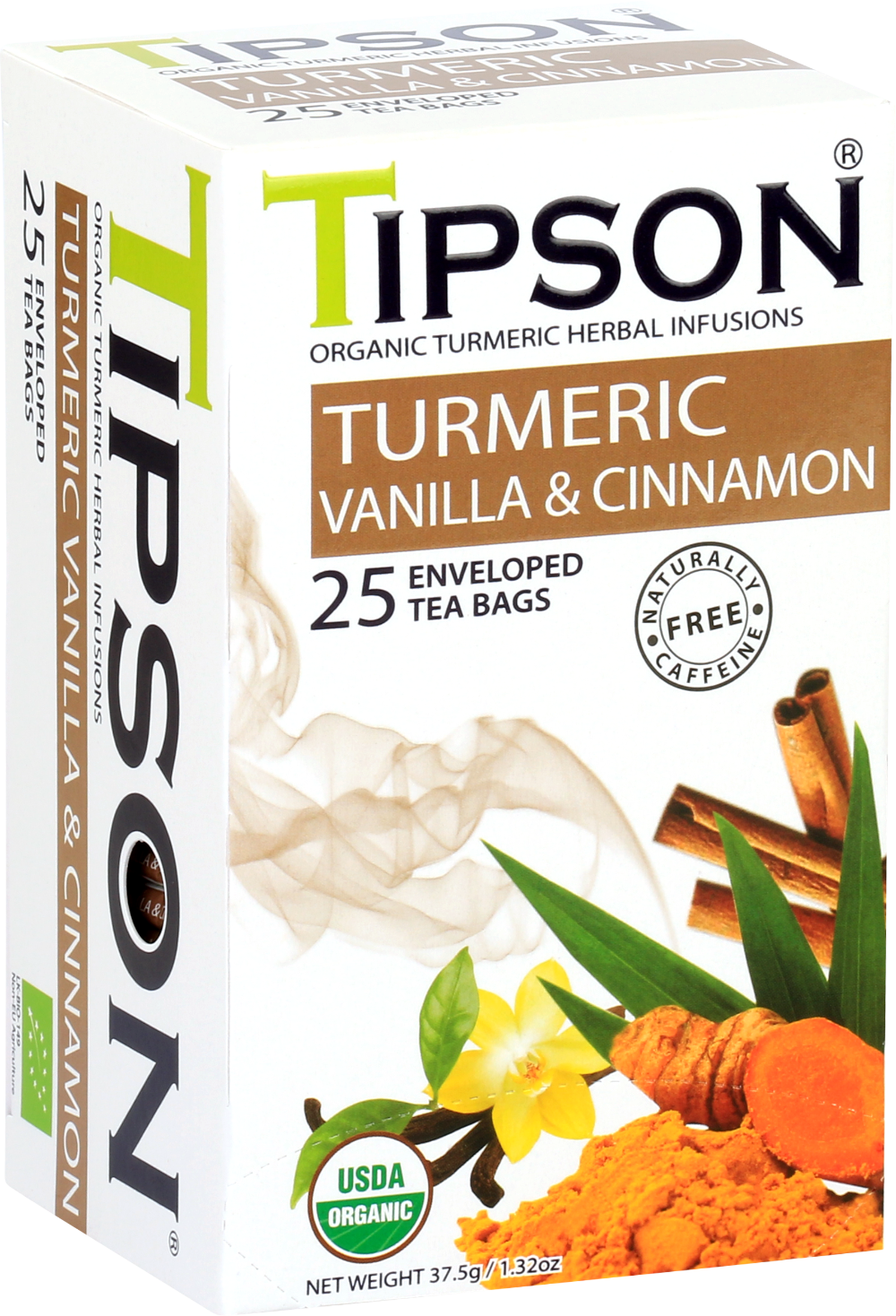 Opakowanie herbaty Tipson Turmeric Vanilla & Cinnamon z kurkumą, wanilią i cynamonem.