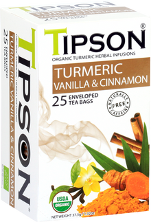 Opakowanie herbaty Tipson Turmeric Vanilla & Cinnamon z kurkumą, wanilią i cynamonem.