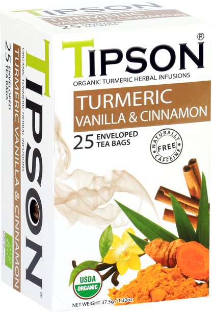 Opakowanie herbaty Tipson Turmeric Vanilla & Cinnamon z kurkumą, wanilią i cynamonem.