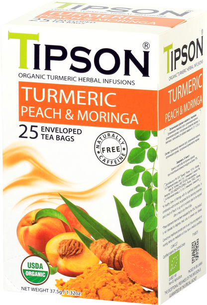 Opakowanie herbaty Tipson Turmeric Peach & Moringa z owocami i korzeniem kurkumy.
