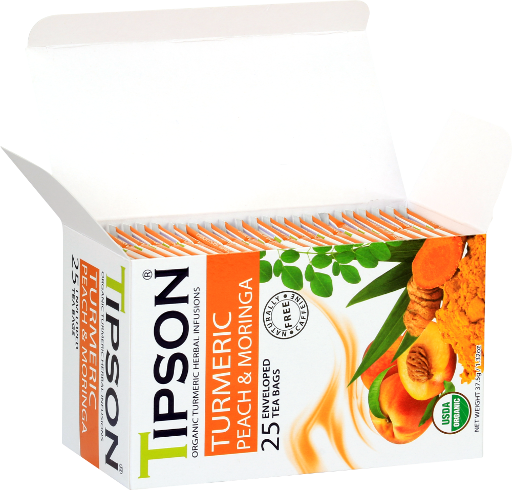 Otwarte pudełko z saszetkami herbaty Tipson Turmeric Peach & Moringa o naturalnym aromacie.