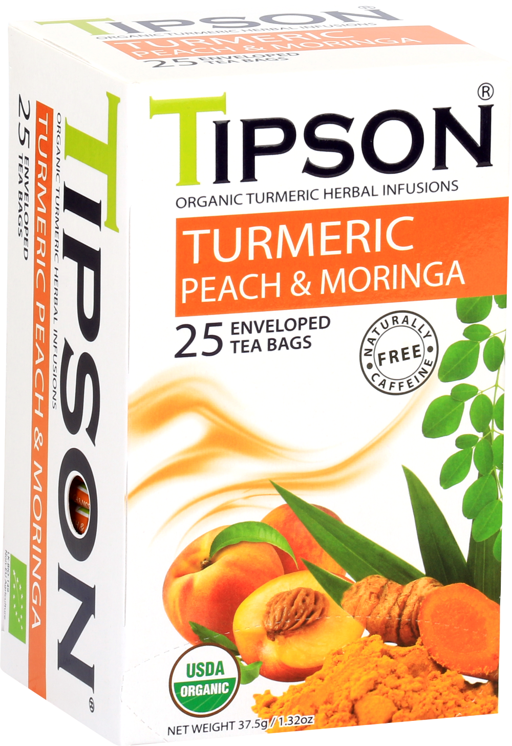 Herbata Tipson Turmeric Peach & Moringa – organiczna mieszanka z kurkumą, moringą i brzoskwinią.