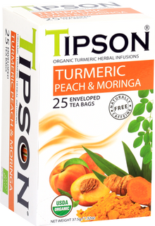 Herbata Tipson Turmeric Peach & Moringa – organiczna mieszanka z kurkumą, moringą i brzoskwinią.