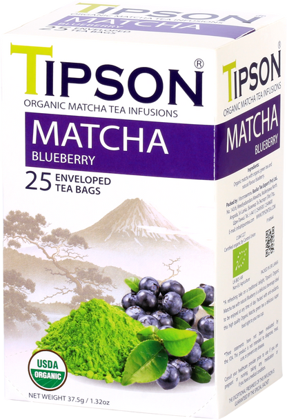 Opakowanie herbaty Tipson Matcha Blueberry z ilustracją matchy i borówek.