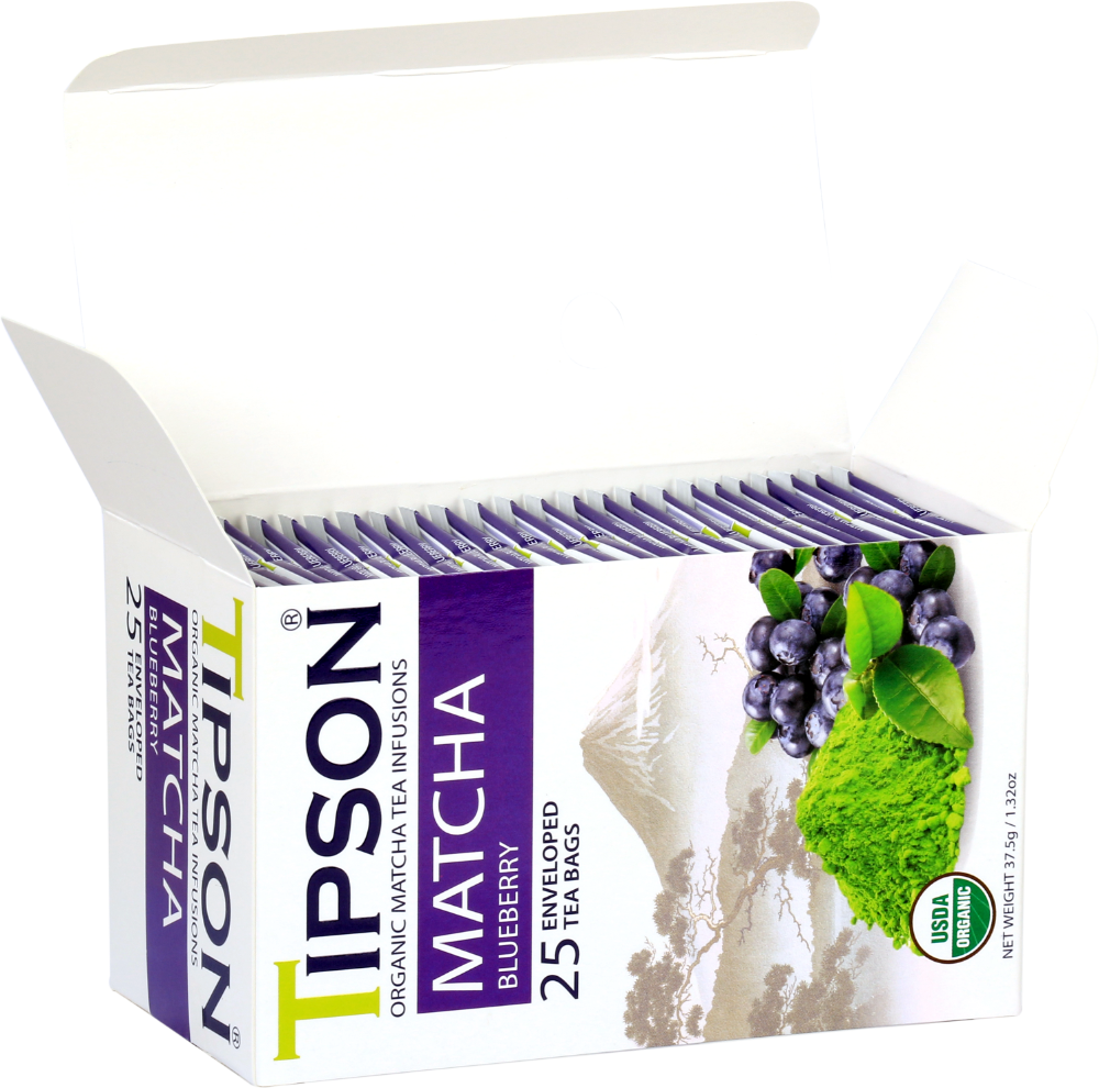 Otwarte pudełko z saszetkami herbaty Tipson Matcha Blueberry o owocowym aromacie.