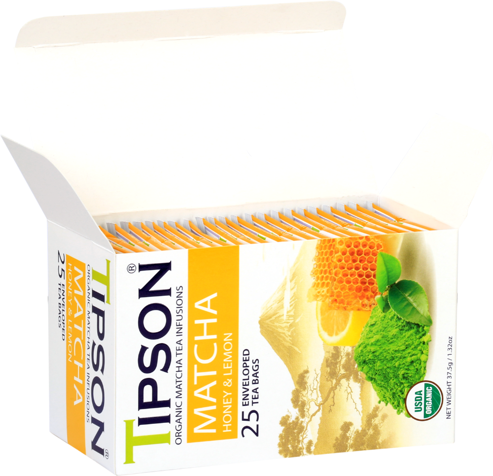 Otwarte pudełko z saszetkami herbaty Tipson Matcha Honey & Lemon o orzeźwiającym smaku.