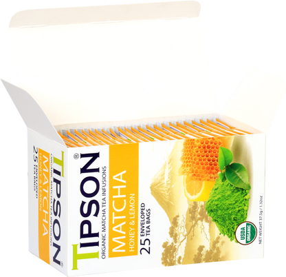 Otwarte pudełko z saszetkami herbaty Tipson Matcha Honey & Lemon o orzeźwiającym smaku.