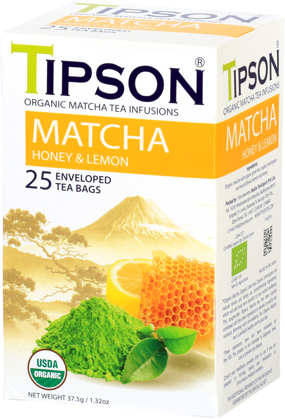 Opakowanie herbaty Tipson Matcha Honey & Lemon z ilustracją miodu i cytryny.
