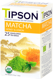 Opakowanie herbaty Tipson Matcha Honey & Lemon z ilustracją miodu i cytryny.