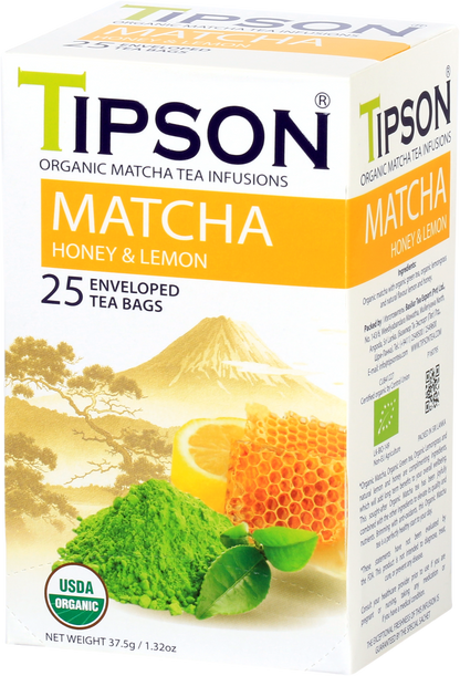 Opakowanie herbaty Tipson Matcha Honey & Lemon z ilustracją miodu i cytryny.