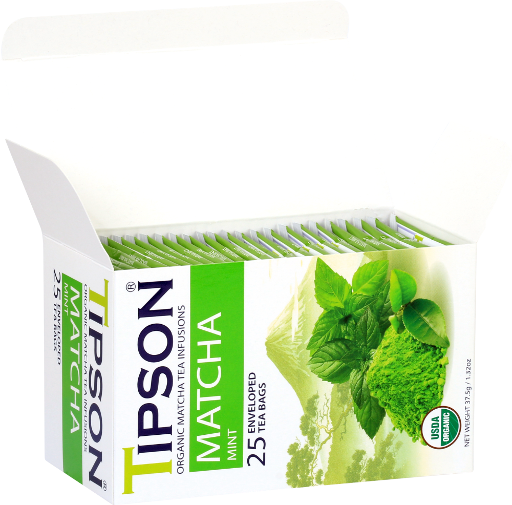 Otwarta herbata Tipson Matcha Mint z widocznymi saszetkami w środku.