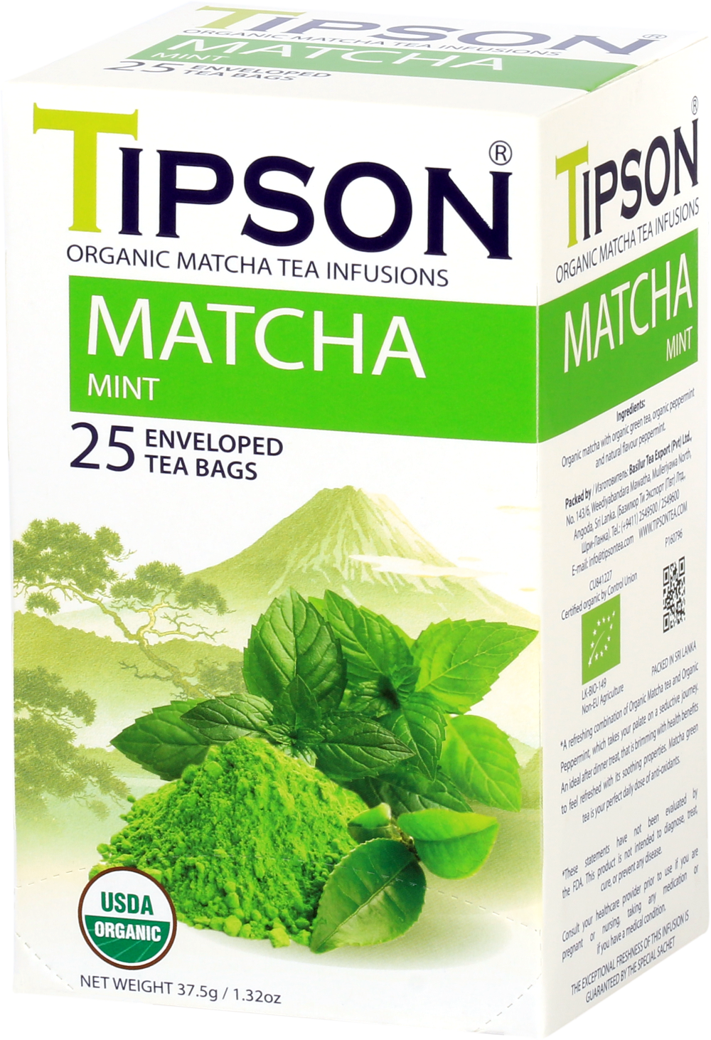 Boczny widok pudełka Tipson Matcha Mint z certyfikatem USDA Organic.